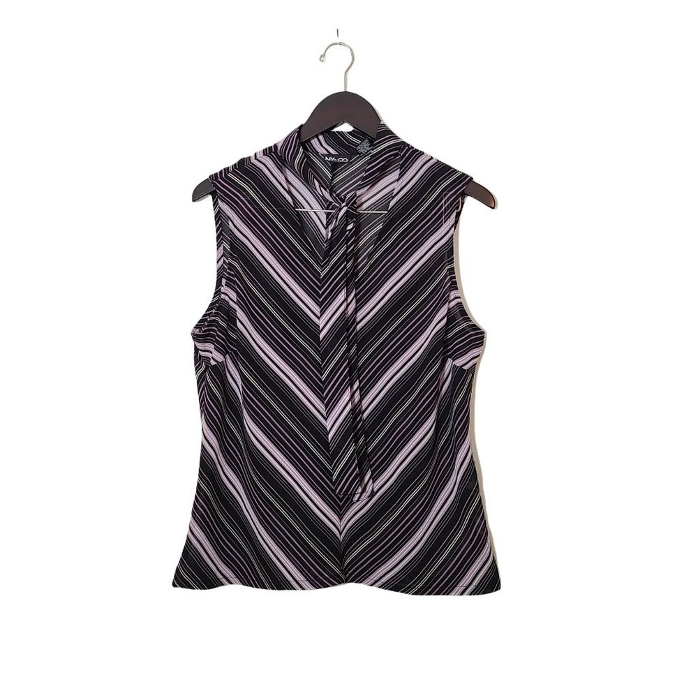 NY & Co Women's Purple Black Stripe Sleeveless Tie Front Pullover Top Size XL